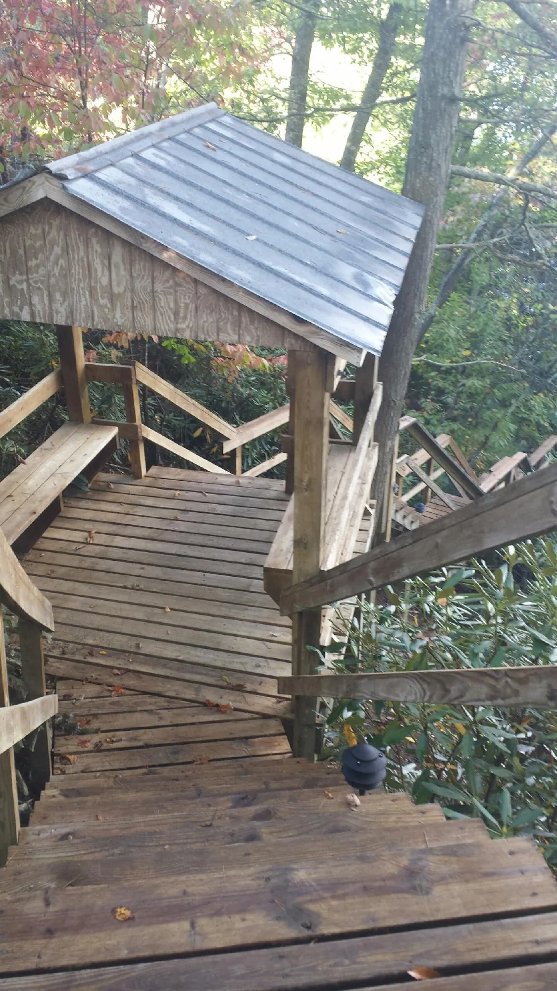 Metal roofed shelter over wooden steps on a wooded walkway — Skylight Repair & Installation work by our crew in Cabin John